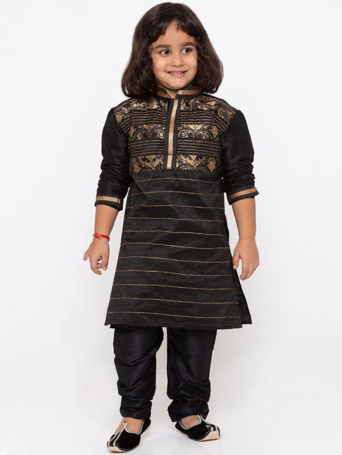VASTRAMAY Boys' Black Cotton Silk Kurta and Pyjama Set